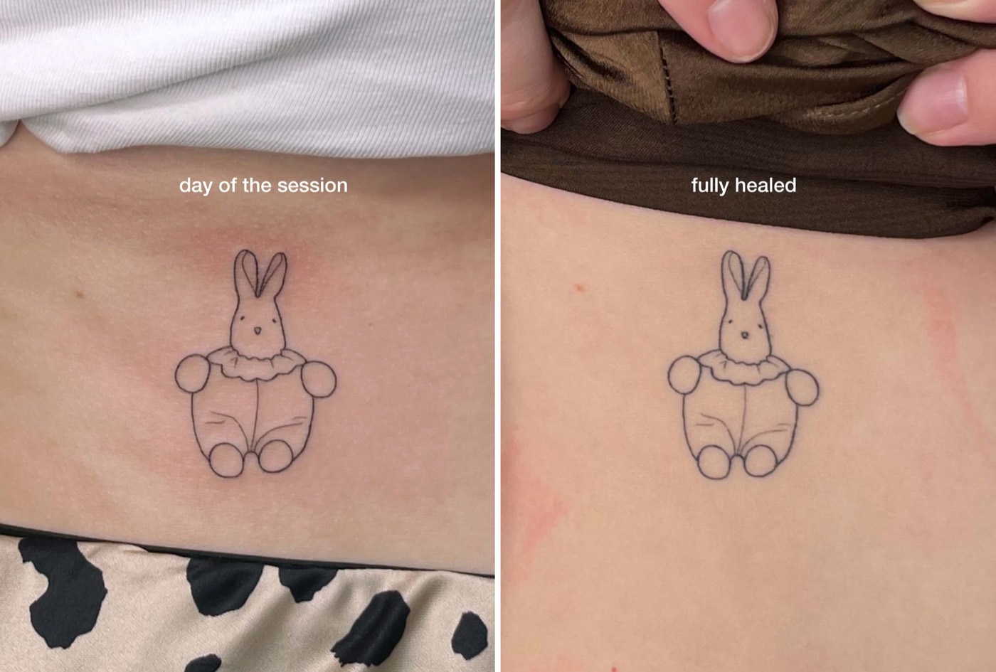 Fine line bunny illustration tattoo shown fresh and fully healed on hip by Irka in Helsinki