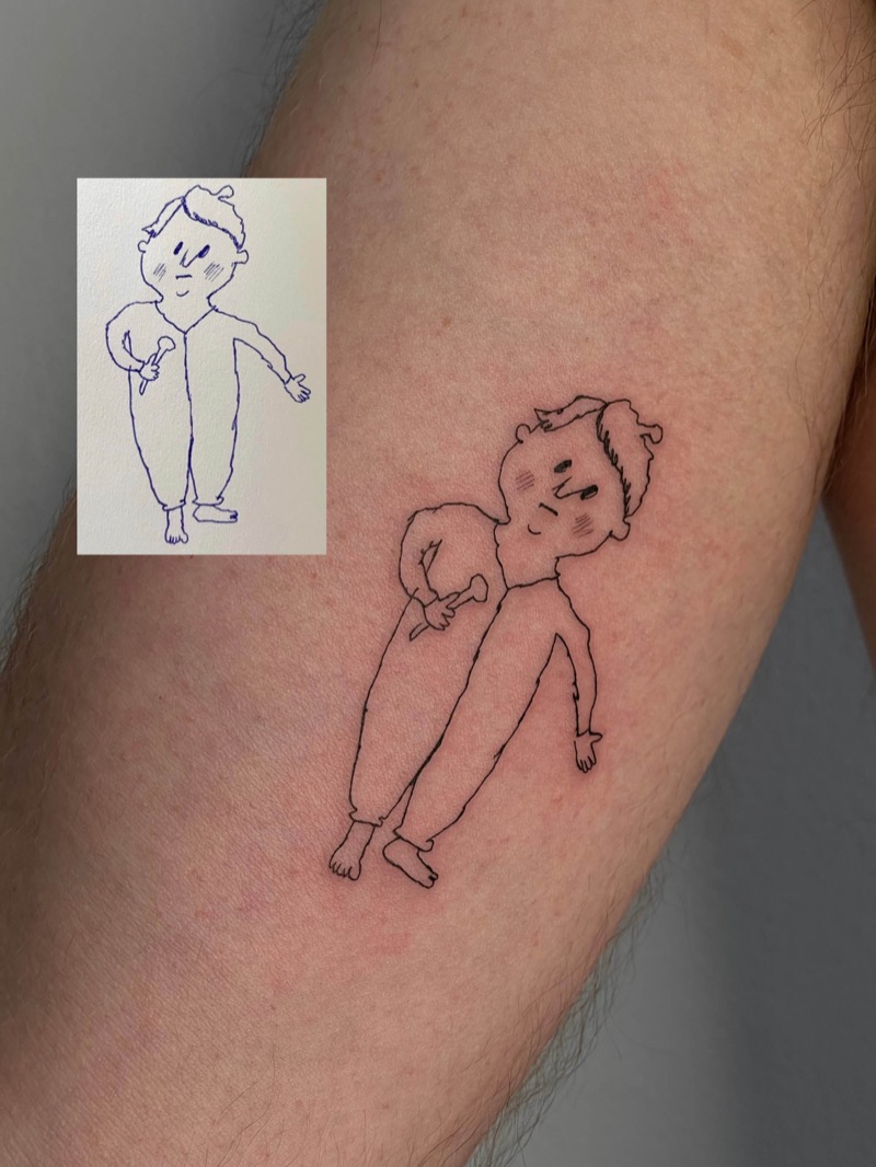 Child's drawing tattoo of parent and child on thigh by Irka in Helsinki