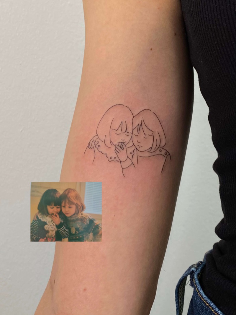 Portrait outline tattoo of two sisters from photo on forearm by Irka in Helsinki