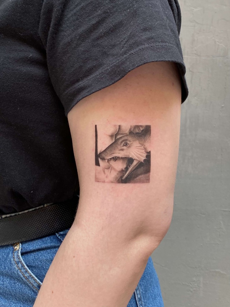 Black and gray realistic fox tattoo on upper arm by Irka in Helsinki